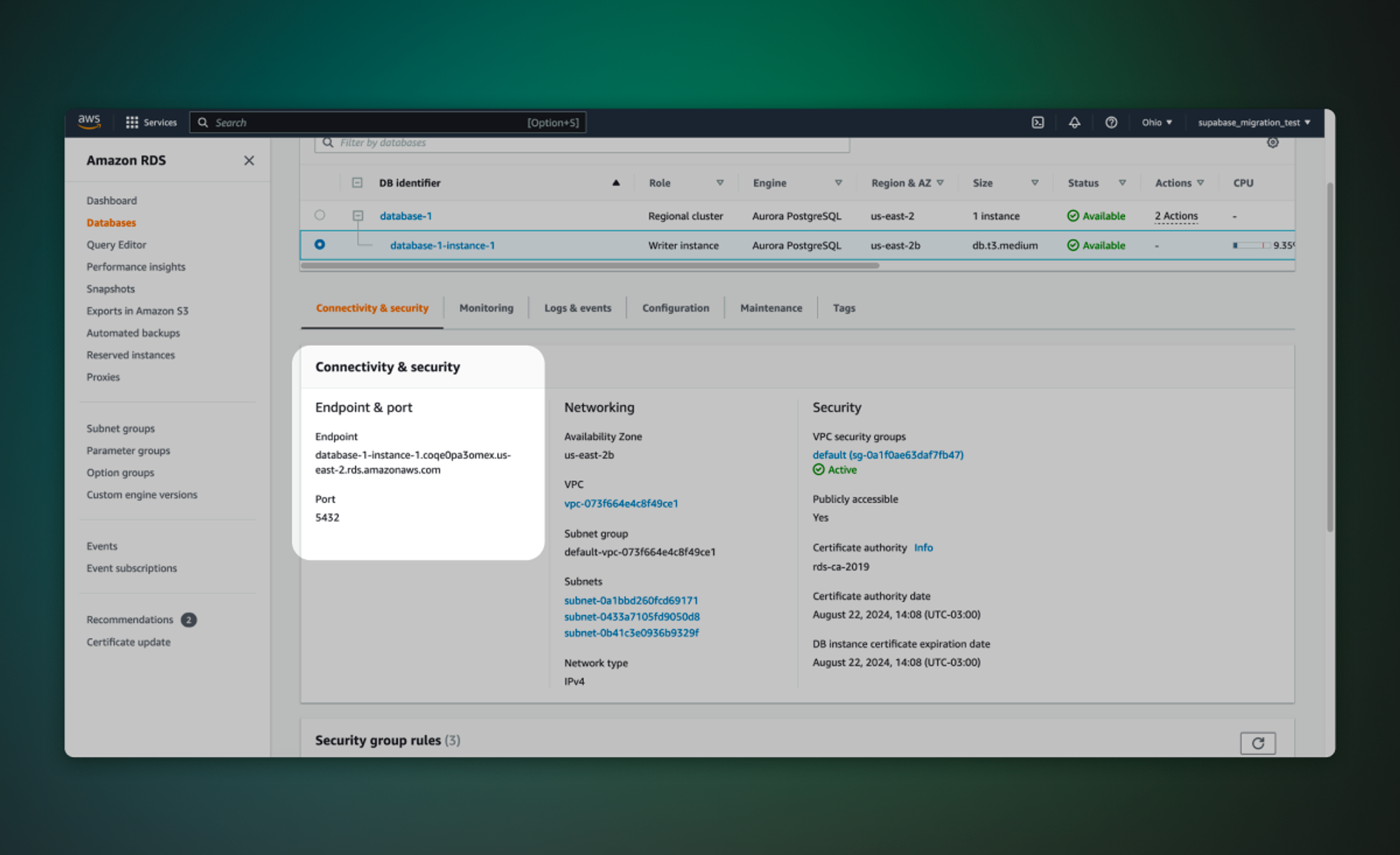 Copying RDS credentials from AWS Management Console